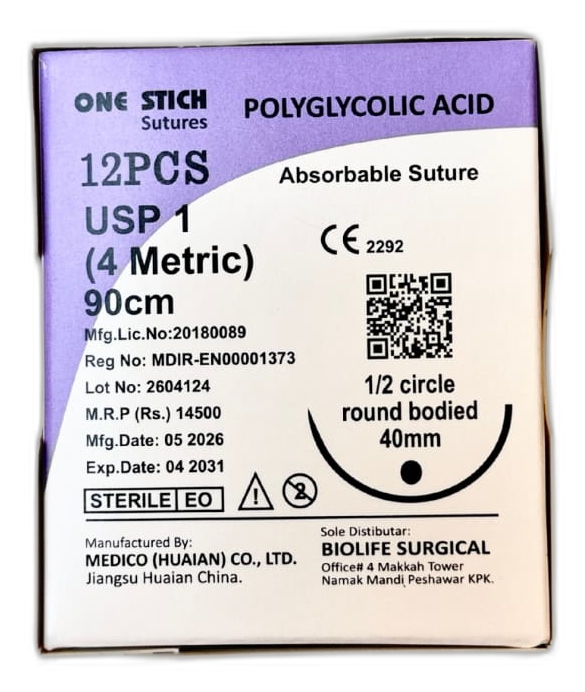 One Stich Polyglycolic Acid absorbable suture, USP 1, box of 12