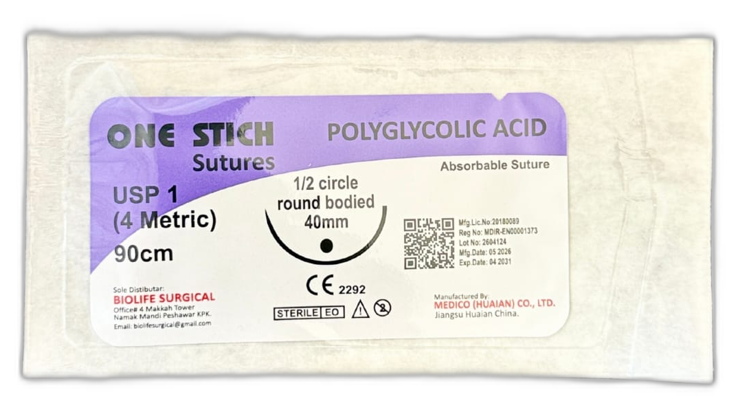 One Stich Polyglycolic Acid absorbable suture, sterile foil pouch